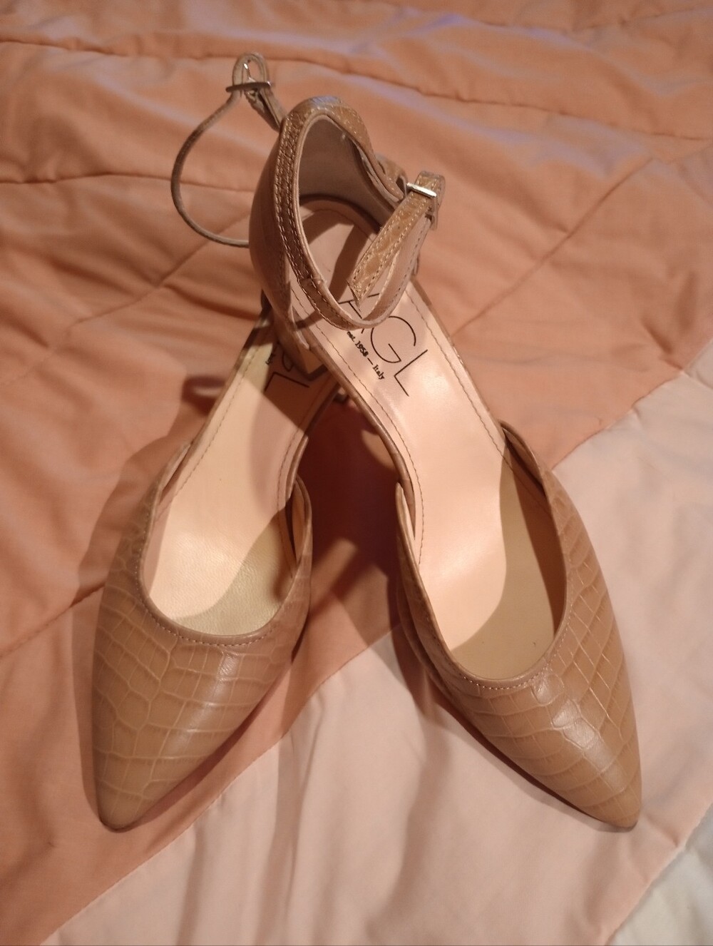 AGL Leather Ankle Strap Crossbody Heels